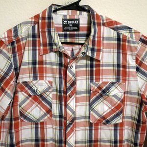 Skully Mens Long Sleeve Snap Button Shirt XL Blue White Red Plaid